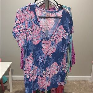 Floral V-Neck Beachy Tunic Top - Blue & Pink